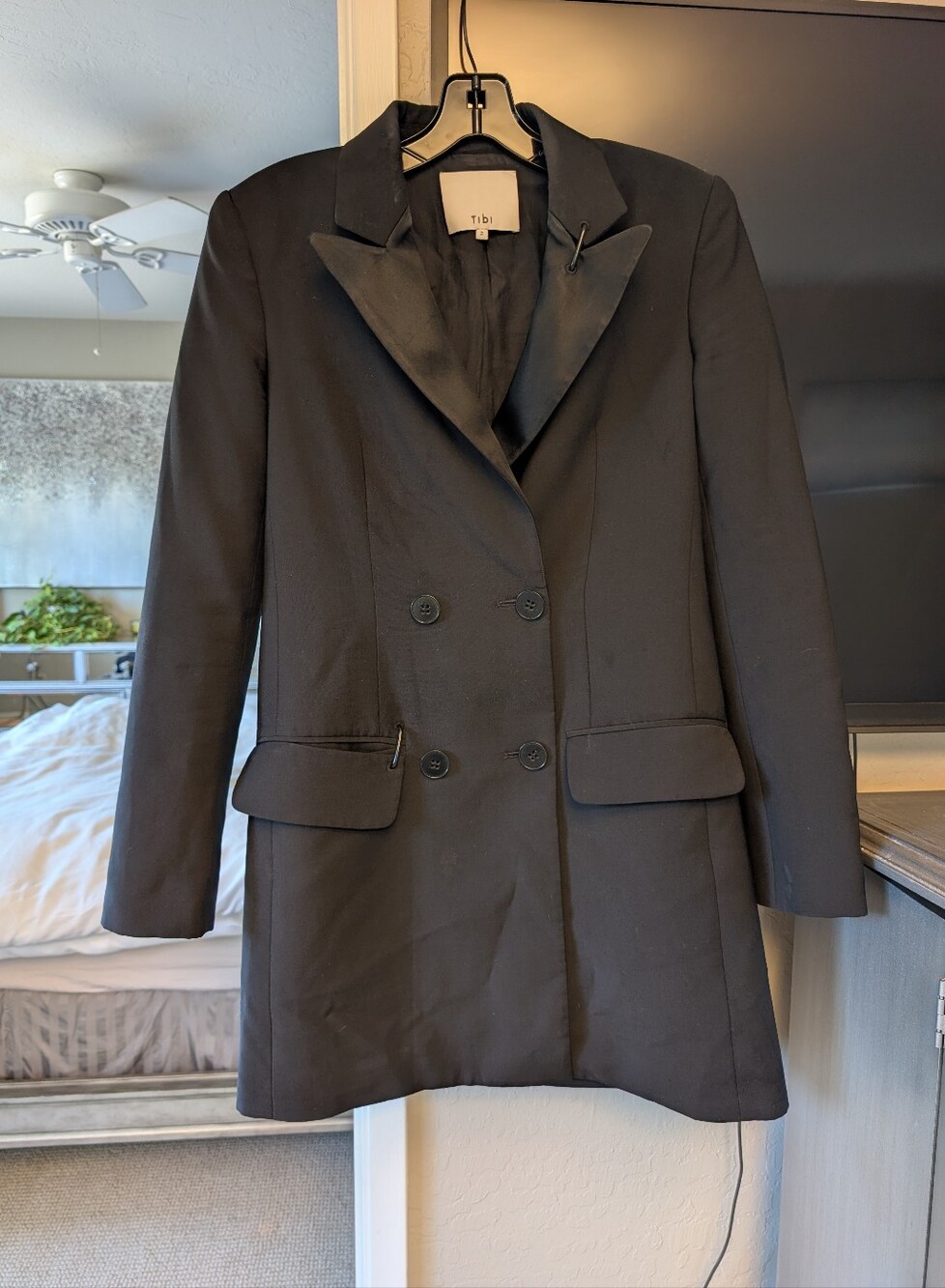 Tibi Black Tuxedo Blazer Dress Satin Peak Lapels Industrial Hardware SIze 2